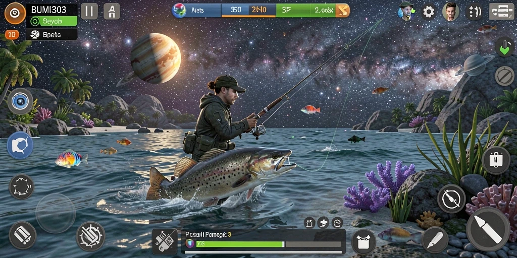 Screenshot gameplay BUMI303 menampilkan petualangan memancing yang seru.