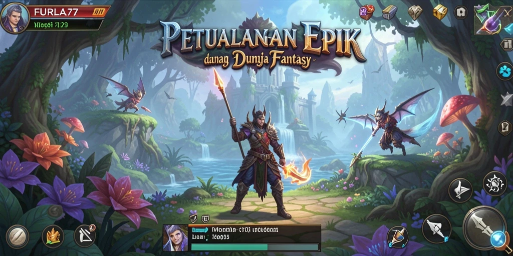 Screenshot gameplay FURLA77 menampilkan pertarungan seru di dunia fantasi.