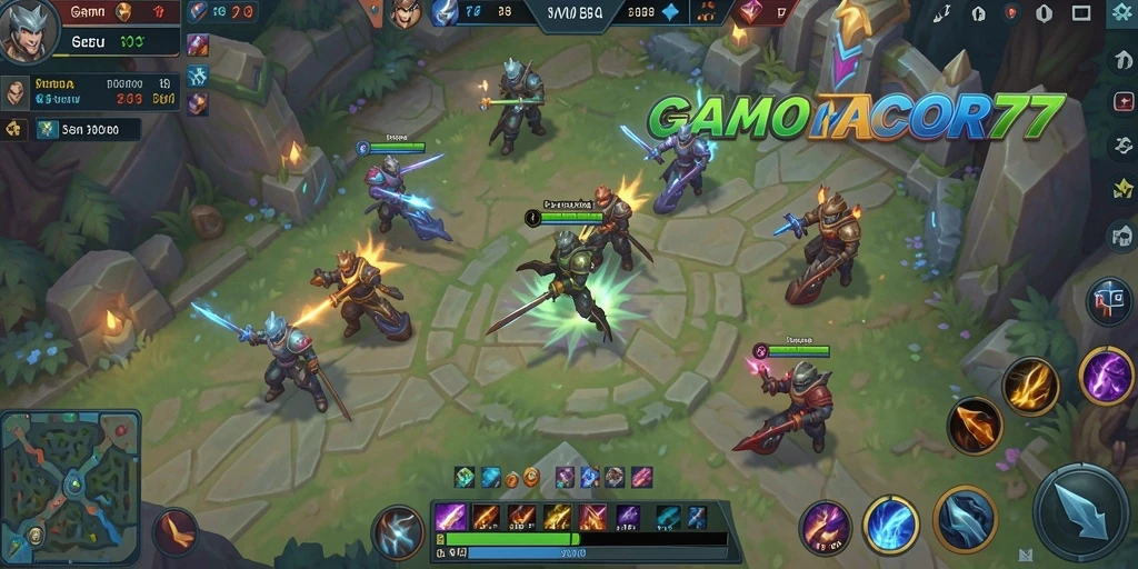 Screenshot gameplay GACOR77 menampilkan pertempuran seru antar tim MOBA.