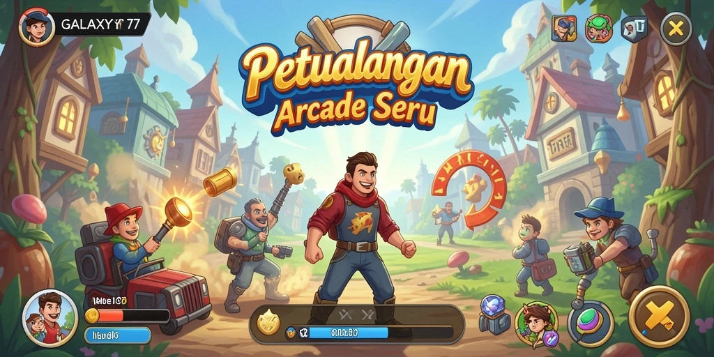 Tampilan gameplay menegangkan di GALAXY77 dengan warna-warna cerah.
