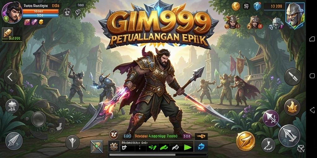 Tangkapan layar utama GIM999 menampilkan pertempuran epik antara pahlawan dan monster.