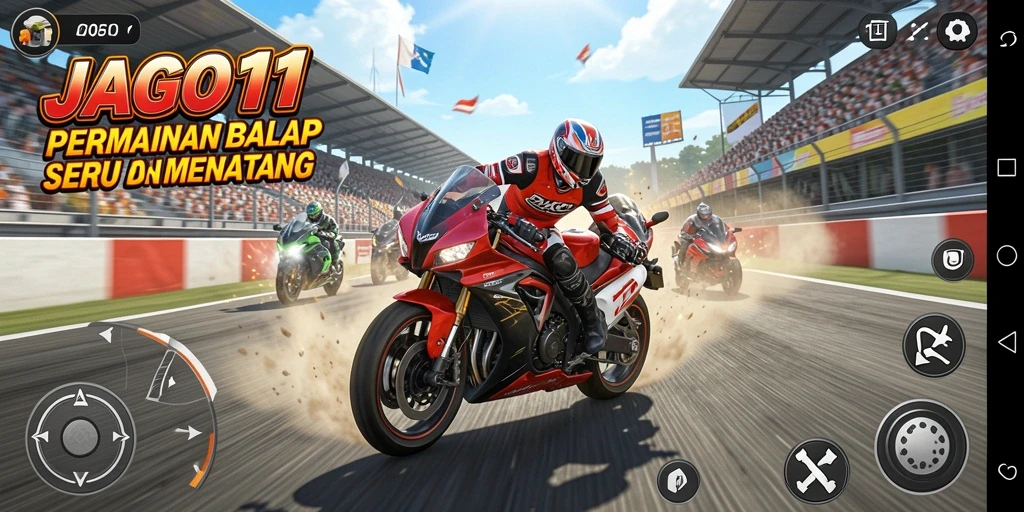 Gameplay seru JAGO11 dengan balapan motor yang mendebarkan.
